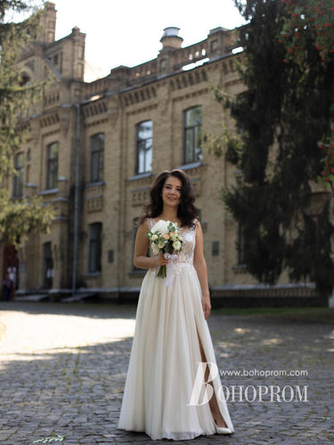 Romantic Chiffon V-neckline A-line Wedding Dresses With Appliques Beaded WD653