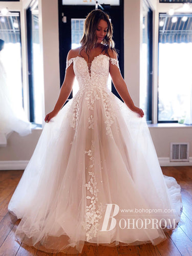 Fabulous Off-the-shoulder Tulle Appliques A-line Chapel Train Wedding Dresses WD659