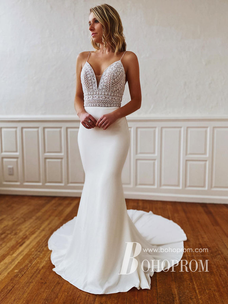 Romantic Spaghetti Straps Mermaid Wedding Dresses Long Satin Bridal Gowns WD663