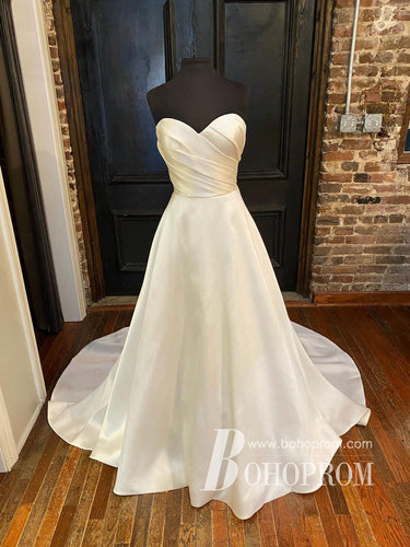 Classic Satin Chapel Train Long Wedding Dresses Sweetheart A-line Bridal Gowns WD665