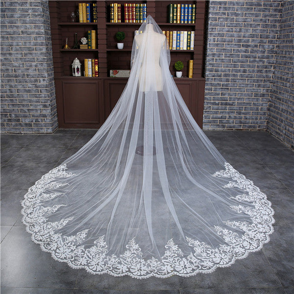 Cicinia Wedding Veil Two-Tier Lace Edge Tulle Cathedral Veils Appliques TS9005, White