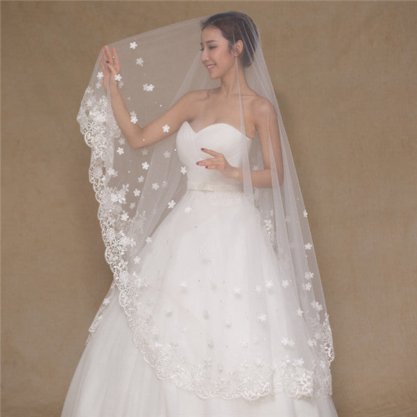 Elegant Tulle Appliqued Long Wedding Veil WV013