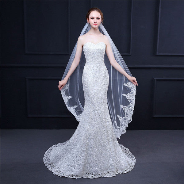 Modest Tulle appliqued Long Wedding Veil With A Comb WV015