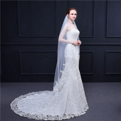 Modest Tulle appliqued Long Wedding Veil With A Comb WV015