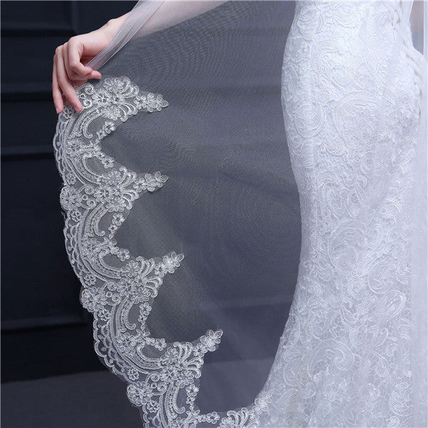 Modest Tulle appliqued Long Wedding Veil With A Comb WV015