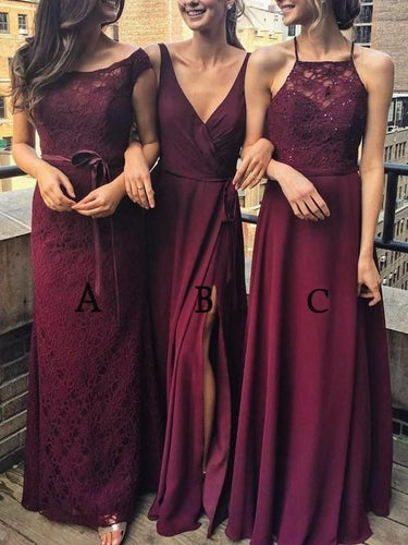 BohoProm Bridesmaid Dress A-line Bateau Floor-Length Chiffon Burgundy Bridesmaid Dresses HX00175