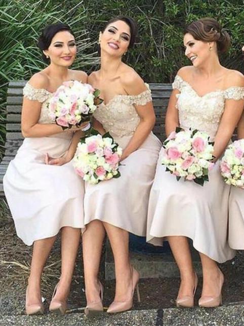 BohoProm Bridesmaid Dress A-line Off-Shoulder Floor Length Satin Bridesmaid Dresses With Appliques HX0012