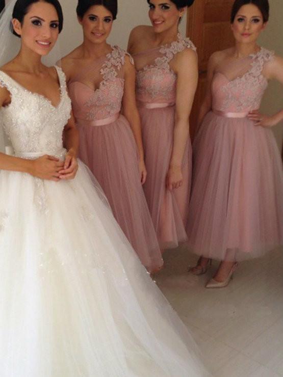 BohoProm Bridesmaid Dress A-line One Shoulder Ankle Length Tulle  Bridesmaid Dresses HX0015