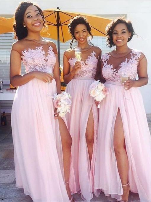 BohoProm Bridesmaid Dress A-line Scoop-Neck Floor Length Chiffon Pink Bridesmaid Dresses HX00115