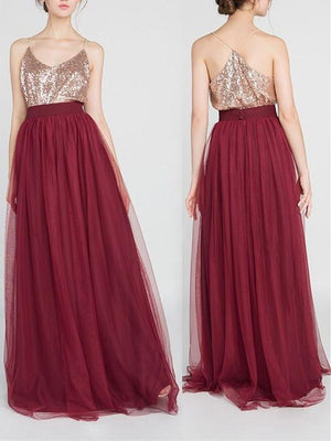 BohoProm Bridesmaid Dress A-line Spaghetti Strap Floor-Length Tulle Burgundy Bridesmaid Dresses HX00176