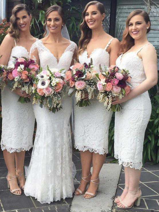 BohoProm Bridesmaid Dress A-line Spaghetti Strap Tea Length Lace Ivory Bridesmaid Dresses HX0014