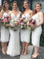 A-line Spaghetti Strap Tea Length Lace Ivory Bridesmaid Dresses HX0014