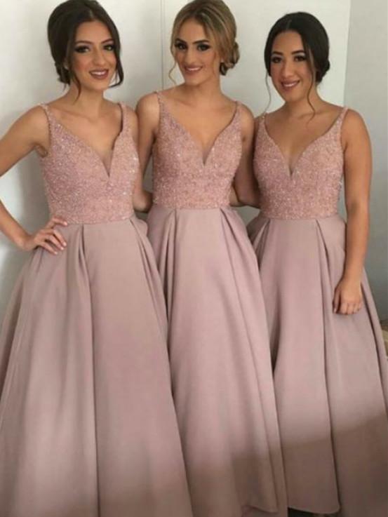 BohoProm Bridesmaid Dress A-line Sweetheart Floor-Length Satin Dusty Rose Bridesmaid Dresses With Beading HX002