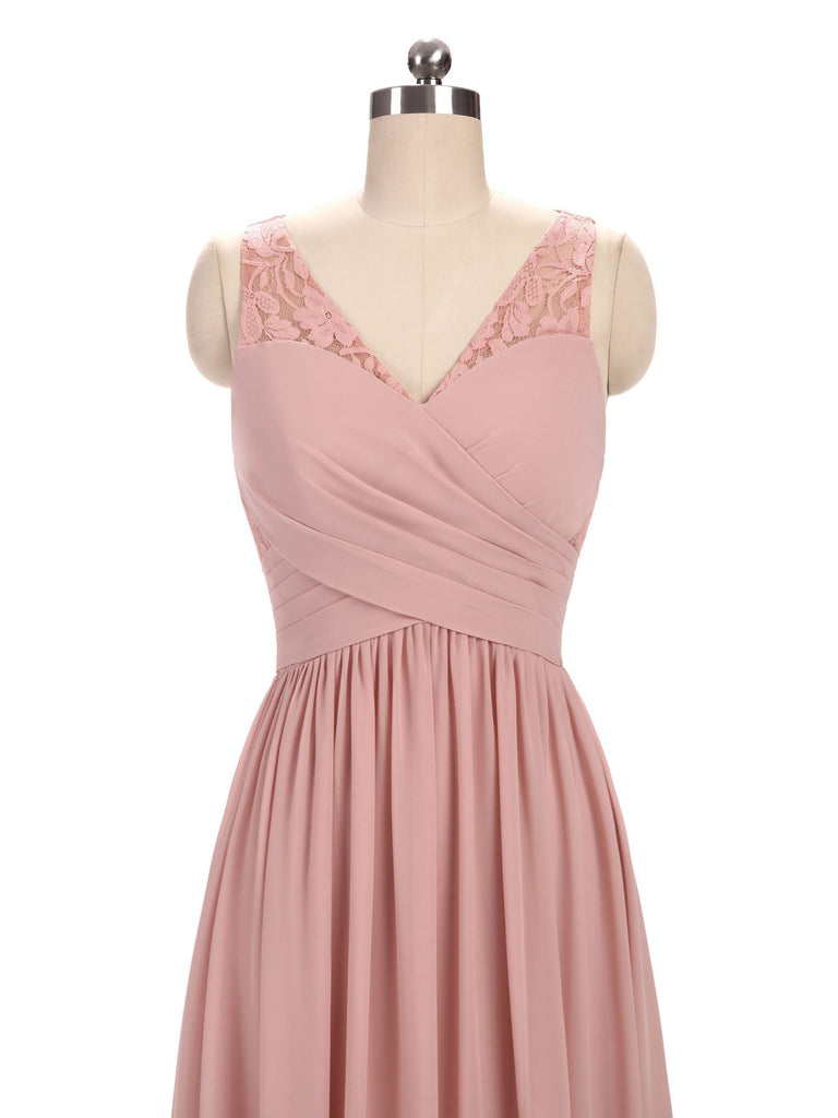 BohoProm Bridesmaid Dress A-line V-Neck Floor-Length Chiffon Lace  Pink Bridesmaid Dresses 2827