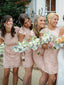 Column Scoop-Neck Knee-Length Lace Pink Bridesmaid Dresses HX0021