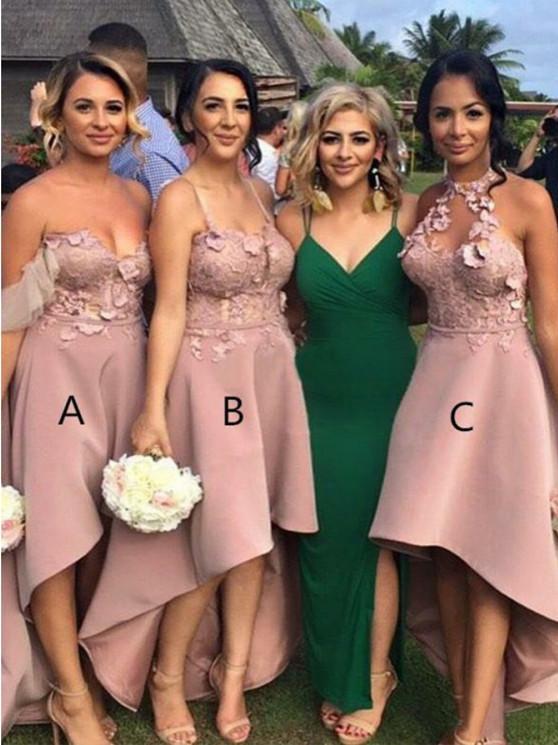 BohoProm Bridesmaid Dress Eye-catching Satin Hi-lo Length A-line Bridesmaid Dresses With Appliques BD096