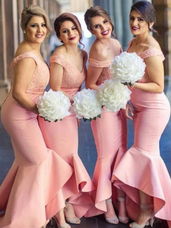 BohoProm Bridesmaid Dress Mermaid Off-Shoulder Floor-Length Satin Pink Bridesmaid Dresses HX0020
