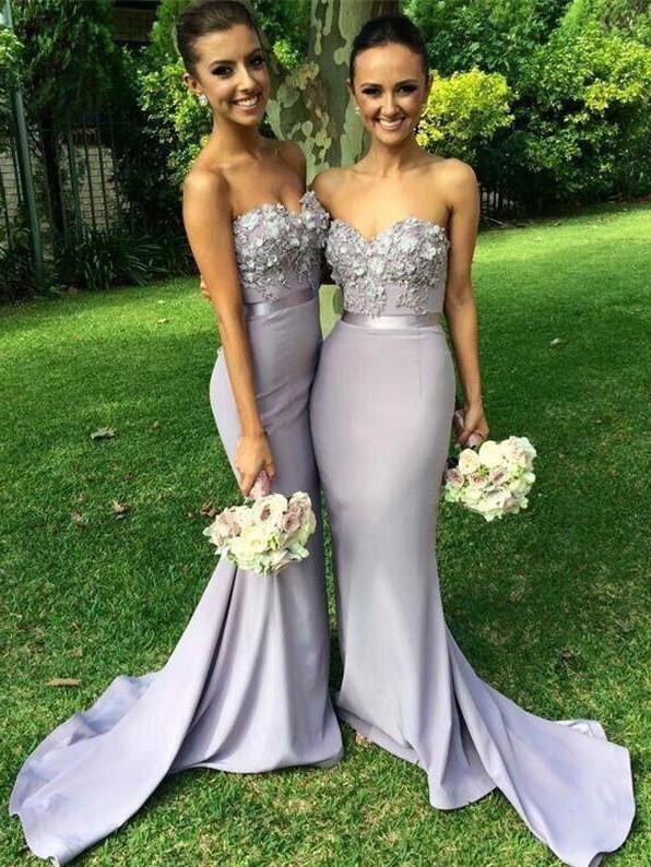 BohoProm Bridesmaid Dress Mermaid Sweetheart Sweep Train Satin Appliqued Bridesmaid Dresses ASD2698