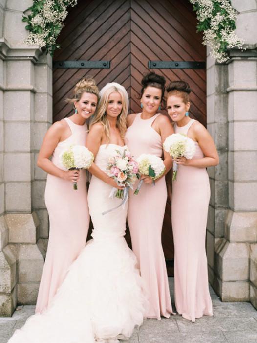 Pink bridesmaid dresses.