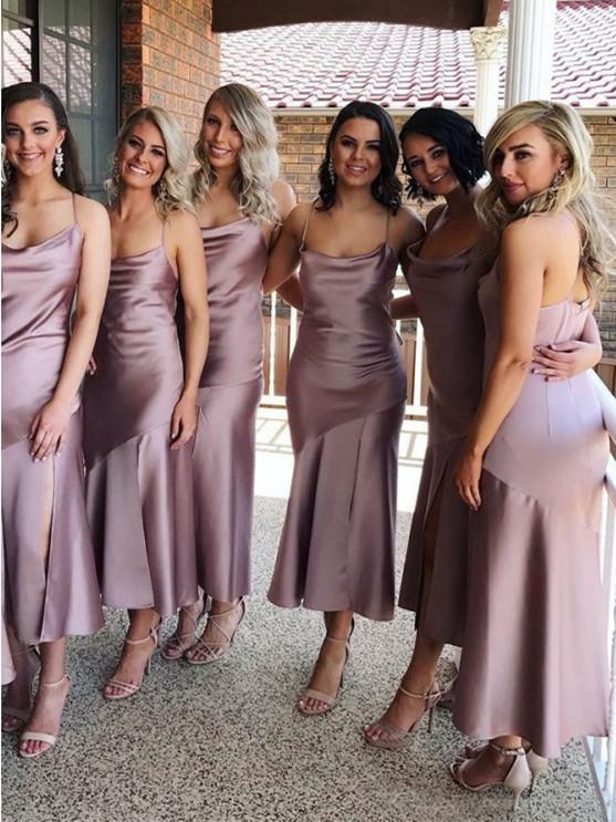 BohoProm Bridesmaid Dress Simple Satin Spaghetti Straps Neckline Tea-length Sheath Bridesmaid Dresses BD099