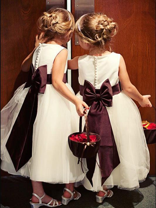 BohoProm Flower Girl Dresses Modest Satin & Tulle Jewel Neckline Tea-length A-line Flower Girl Dresses FD006