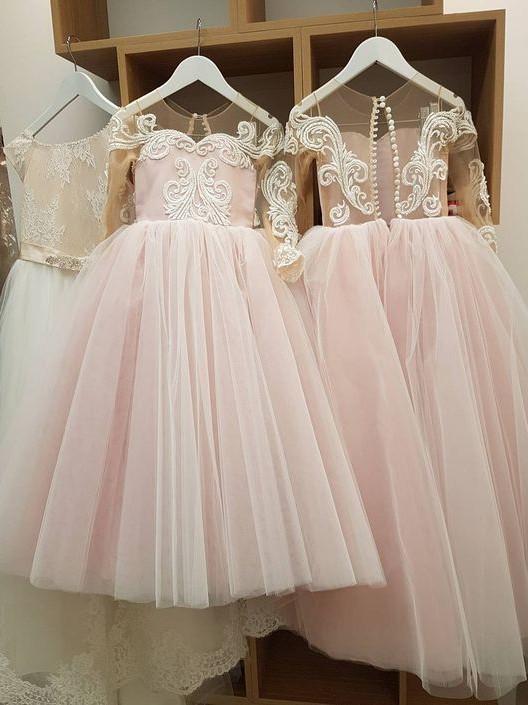 BohoProm Flower Girl Dresses Romantic Tulle Jewel Neckline Ball Gown Flower Girl Dresses With Appliques FD029