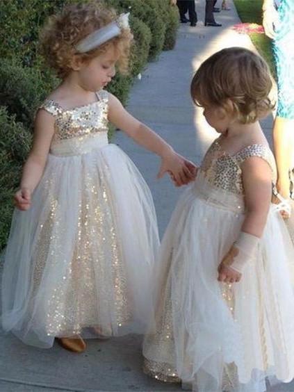BohoProm Flower Girl Dresses Shimmering Sequin Lace & Tulle Square Neckline Ball Gown Flower Girl Dresses FD030