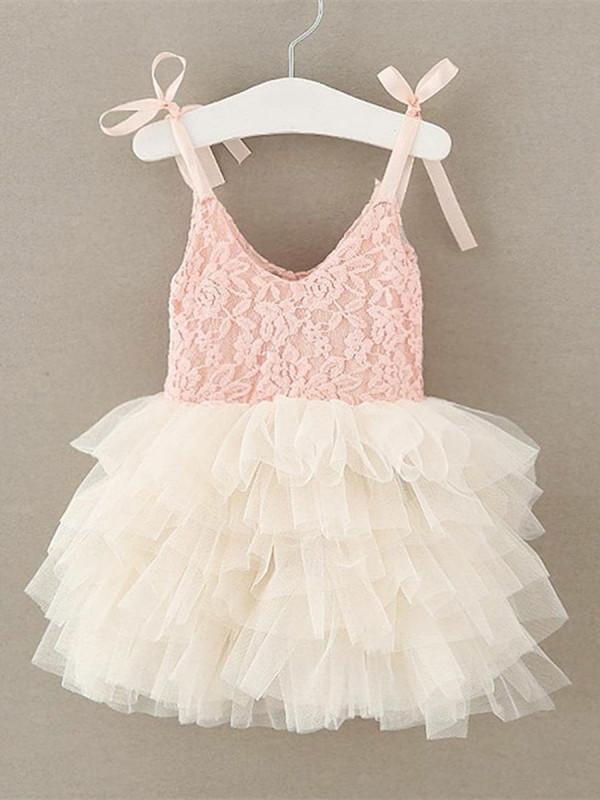 BohoProm Flower Girl Dresses Sweet Lace & Tulle Spaghetti Straps Neckline Short Ball Gown Flower Girl Dresses FD082