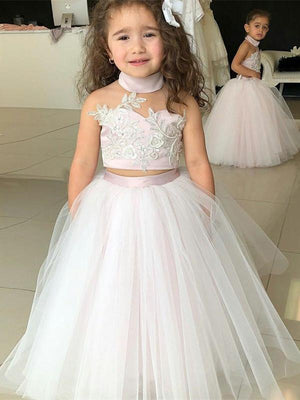 BohoProm Flower Girl Dresses Wonderful Tulle & Satin High-neck Neckline 2 Pieces Ball Gown Flower Girl Dresses FD079