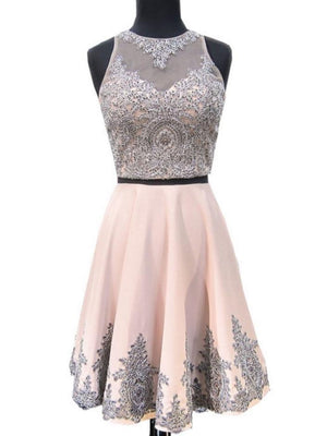 BohoProm homecoming A-line Illusion Mini Taffeta  Appliqued  Beaded Homecoming Dresses 2837