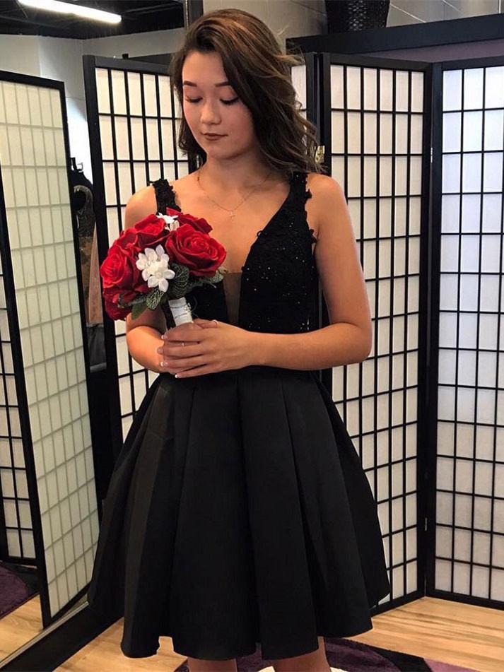 BohoProm homecoming dresses A-line Deep-V Mini Satin Appliqued Black Homecoming Dresses With Rhine Stones ABC00043