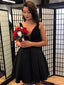 A-line Deep-V Mini Satin Appliqued Black Homecoming Dresses With Rhine Stones ABC00043