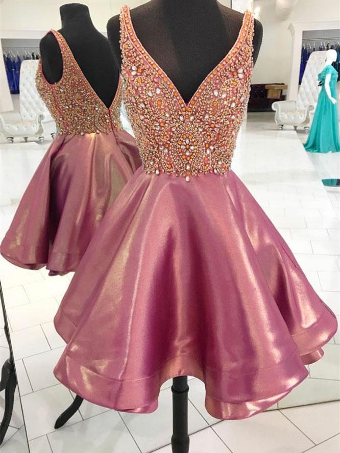 BohoProm homecoming dresses A-line Deep-V Mini Taffeta Short Pink Homecoming Dresses HX0048