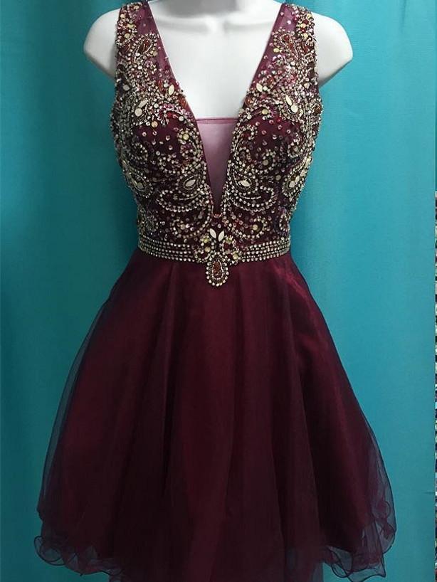 A-line Deep-V Mini Tulle Short Burgundy Homecoming Dresses With Sequin –  BohoProm