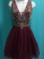 A-line Deep-V Mini Tulle Short Burgundy Homecoming Dresses With Sequins APD2725