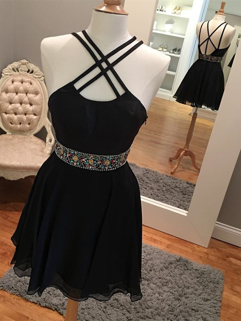 BohoProm homecoming dresses A-line Halter Mini Chiffon Short Black Homecoming Dresses With Rhine Stones APD2742