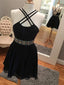 A-line Halter Mini Chiffon Short Black Homecoming Dresses With Rhine Stones APD2742