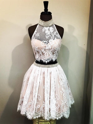 BohoProm homecoming dresses A-line Halter Mini Lace Short Two Piece Homecoming Dresses With Beading APD2729