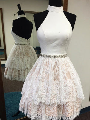 BohoProm homecoming dresses A-line Halter Mini Satin Lace Short Ivory Homecoming Dresses With Rhine Stones APD2697