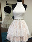 A-line Halter Mini Satin Lace Short Ivory Homecoming Dresses With Rhine Stones APD2697