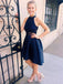 BohoProm homecoming dresses A-line Halter Mini Satin Navy Blue Homecoming Dresses With Appliques APD2615