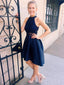 A-line Halter Mini Satin Navy Blue Homecoming Dresses With Appliques APD2615