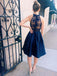BohoProm homecoming dresses A-line Halter Mini Satin Navy Blue Homecoming Dresses With Appliques APD2615