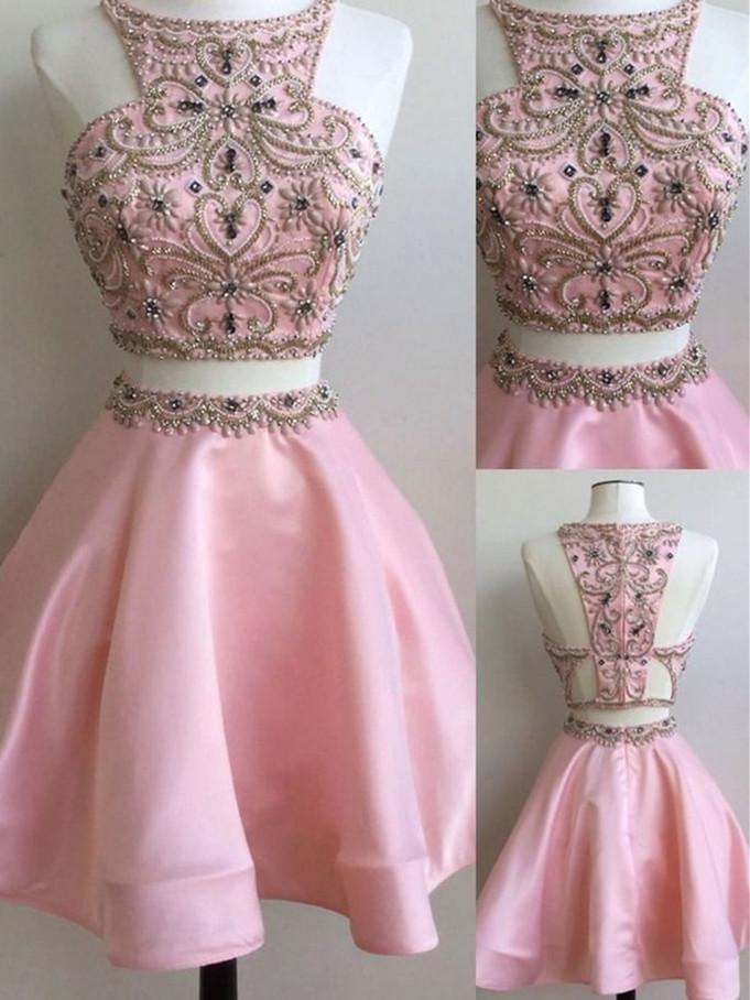BohoProm homecoming dresses A-line Halter Mini Satin Pink Homecoming Dresses With Beading HX0043