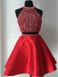 A-line Halter Mini Satin Red/Royal Blue/Purple Two Piece Homecoming Dresses With Rhine Stones APD2627