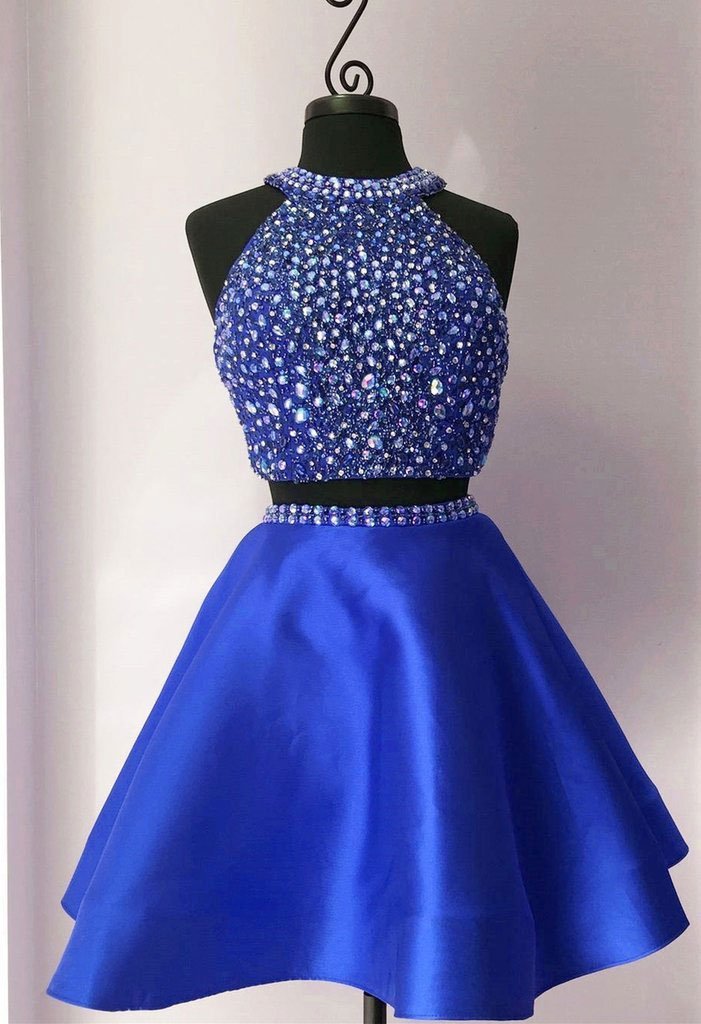 BohoProm homecoming dresses A-line Halter Mini Satin Red/Royal Blue/Purple Two Piece Homecoming Dresses With Rhine Stones APD2627