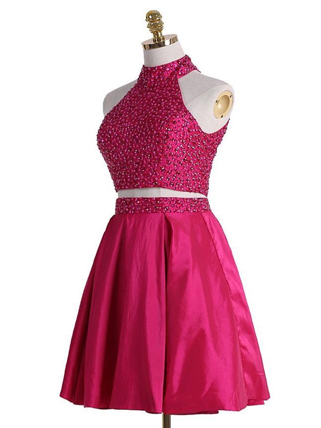 BohoProm homecoming dresses A-line Halter Mini Satin Short Fuchsia Two Piece Homecoming Dresses With Rhine Stones APD2727