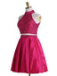 A-line Halter Mini Satin Short Fuchsia Two Piece Homecoming Dresses With Rhine Stones APD2727
