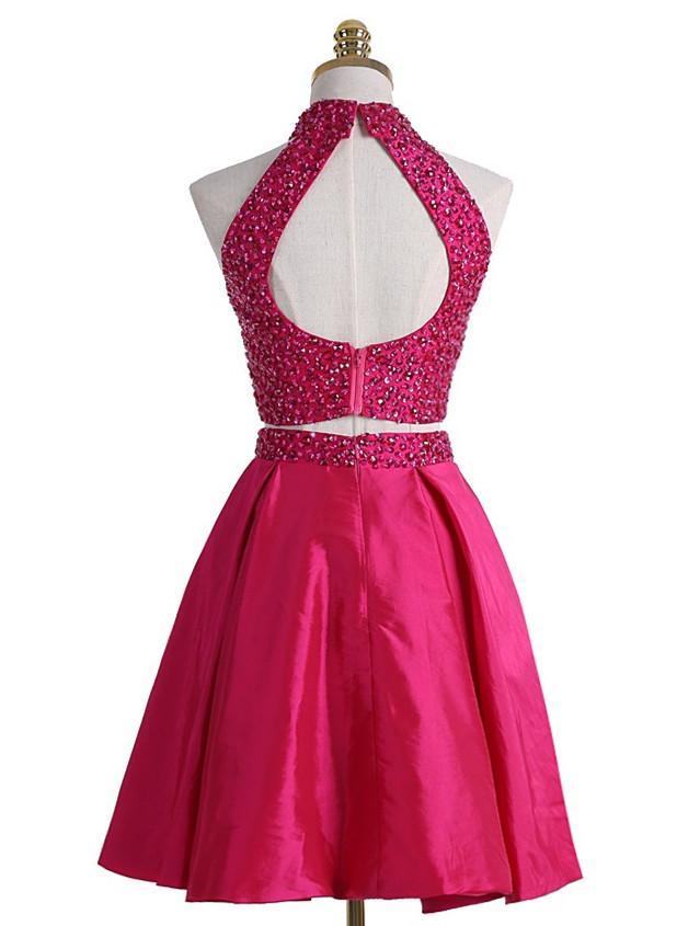 BohoProm homecoming dresses A-line Halter Mini Satin Short Fuchsia Two Piece Homecoming Dresses With Rhine Stones APD2727
