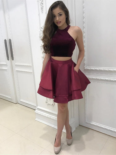 BohoProm homecoming dresses A-line Halter Mini Satin Short Simple Burgundy Homecoming Dresses APD2661